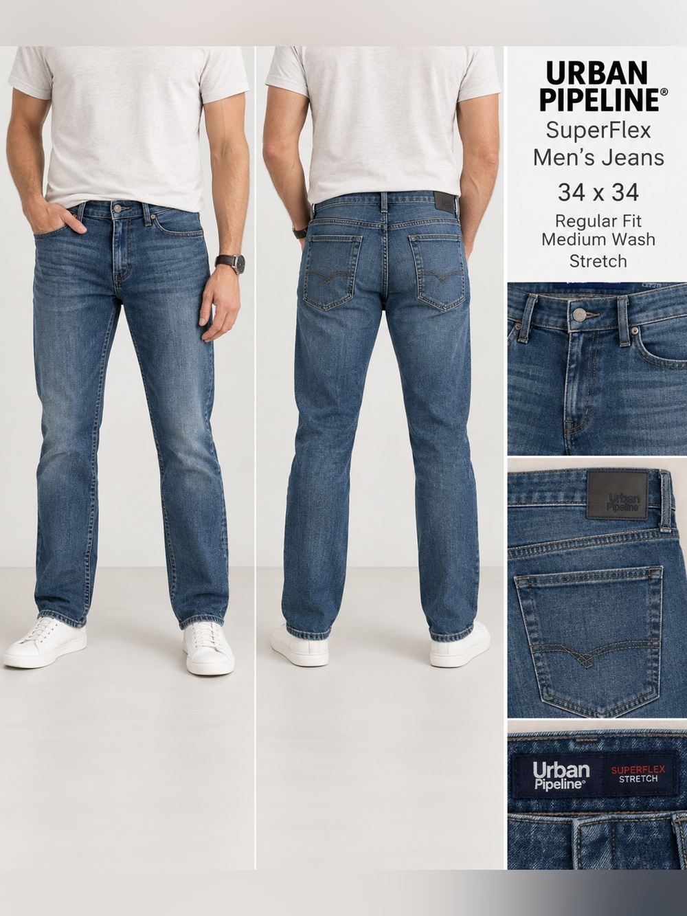 Urban Pipeline SuperFlex Men’s Jeans 34x34 Regular Medium Wash Stretch